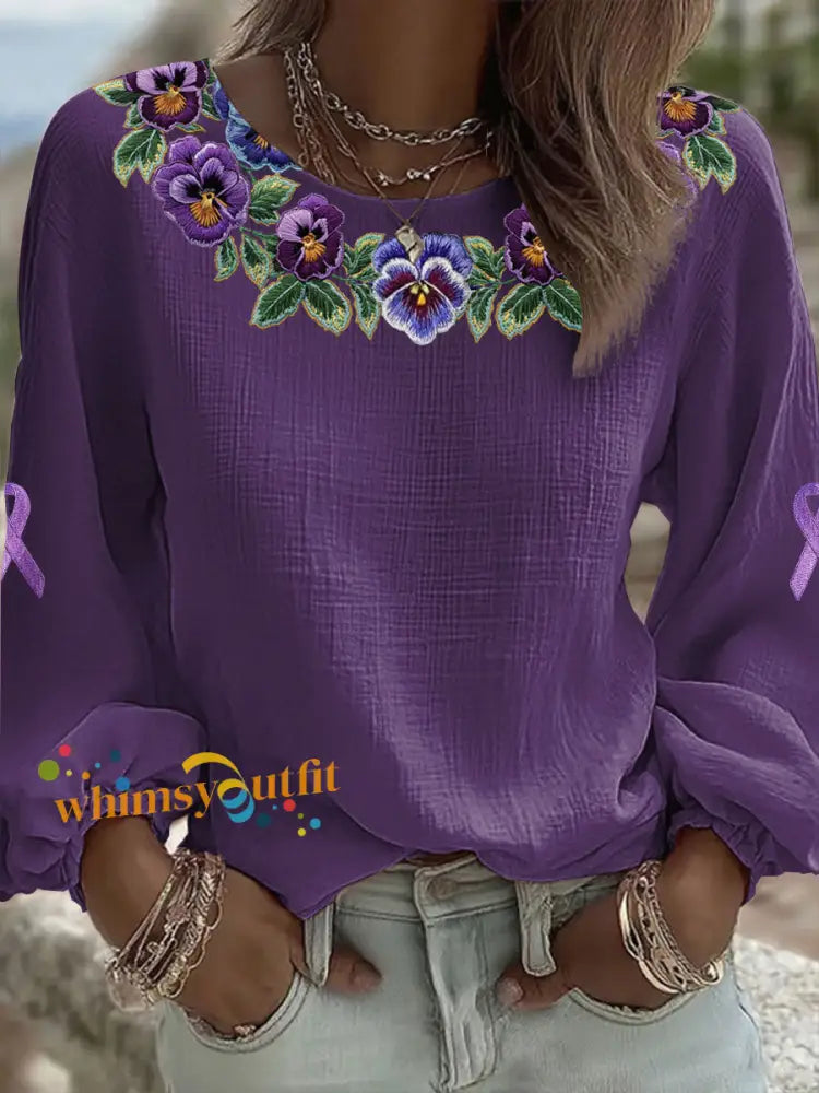 Women’s Alzheimer’s Floral Casual Tops Deep Purple / S