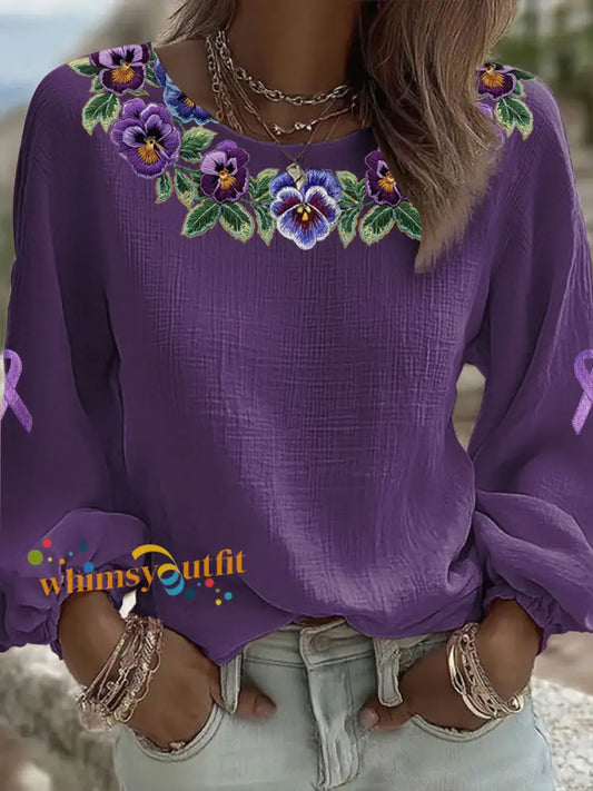 Women’s Alzheimer’s Floral Casual Tops Deep Purple / S