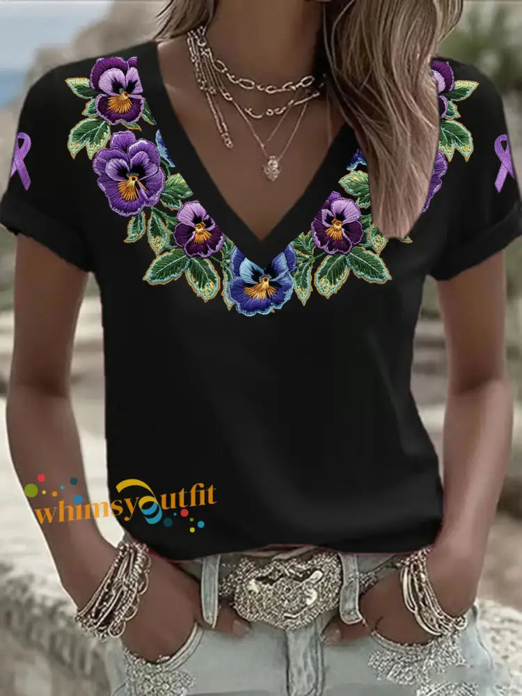 Women’s Alzheimer’s Floral V Neck T Shirts Black / S