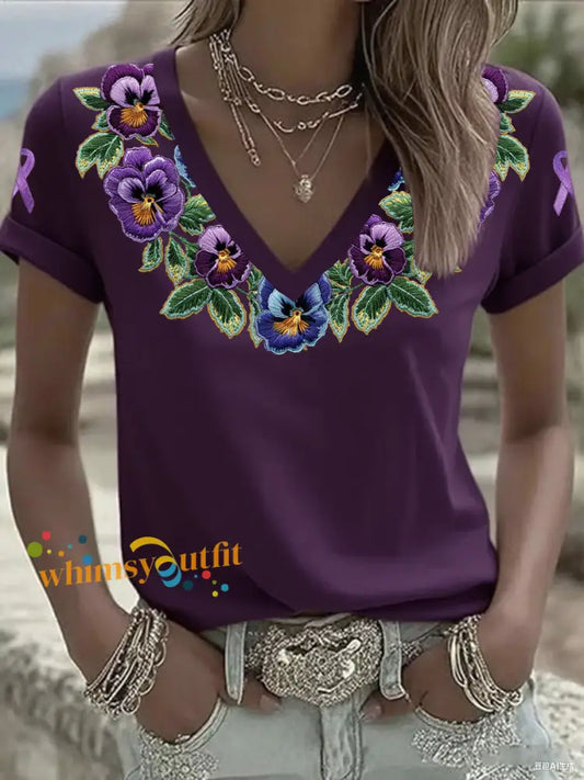 Women’s Alzheimer’s Floral V Neck T Shirts Deep Purple / S