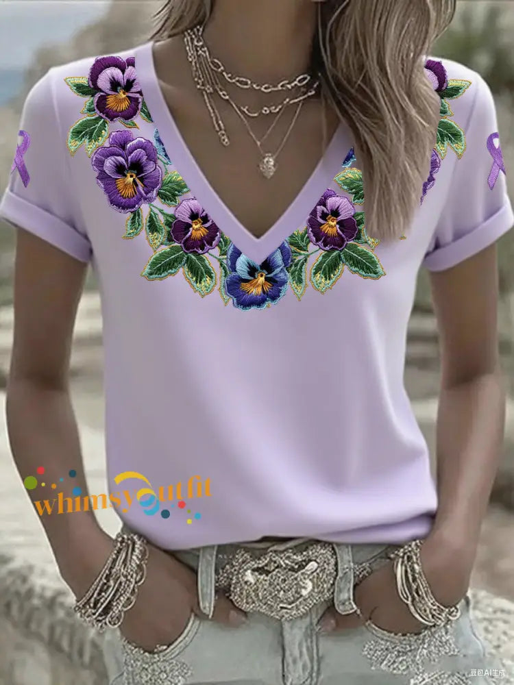 Women’s Alzheimer’s Floral V Neck T Shirts Purple / S