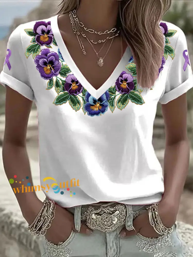 Women’s Alzheimer’s Floral V Neck T Shirts White / S
