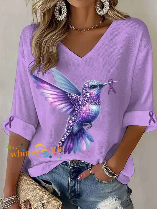 Women’s Alzheimer’s Hummingbird V Neck Tops Light Purple / S