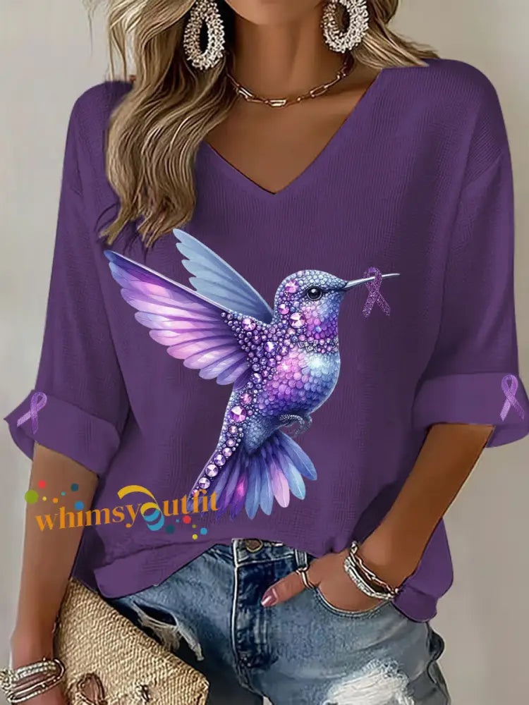Women’s Alzheimer’s Hummingbird V Neck Tops Purple / S