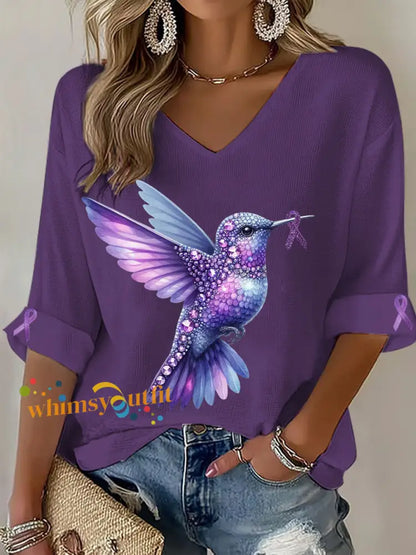 Women’s Alzheimer’s Hummingbird V Neck Tops Purple / S