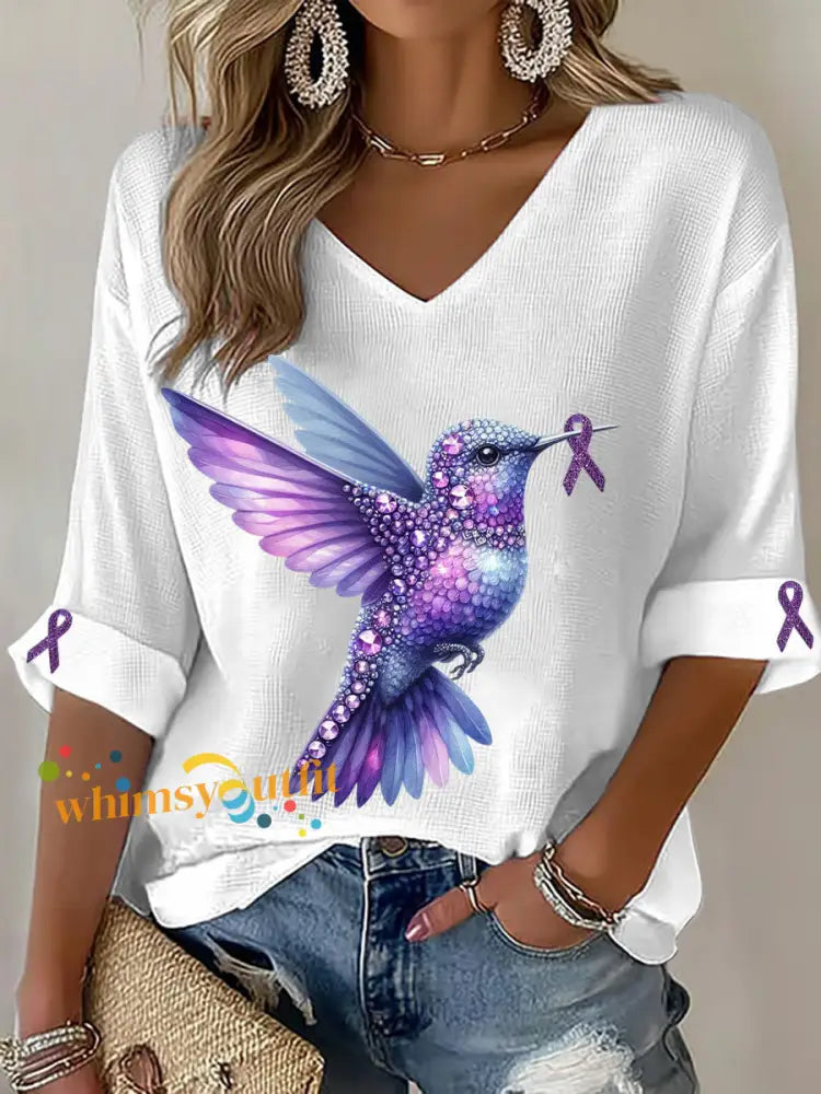 Women’s Alzheimer’s Hummingbird V Neck Tops White / S
