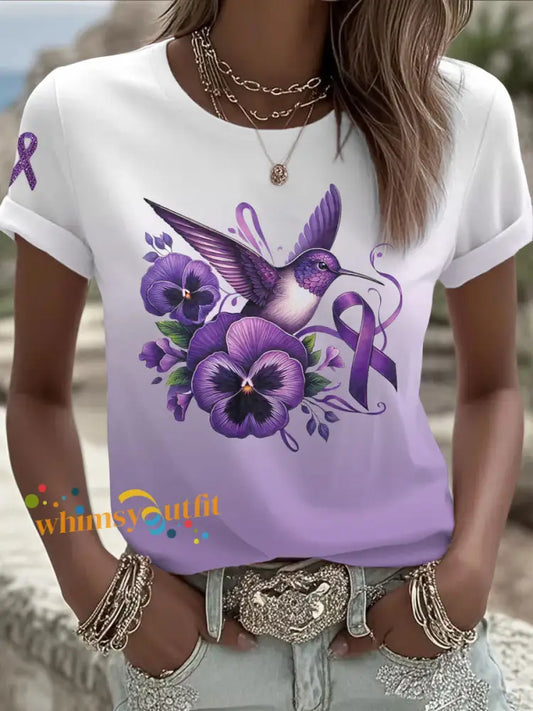 Women’s Alzheimer’s Pansy Hummingbird T Shirts Purple / S