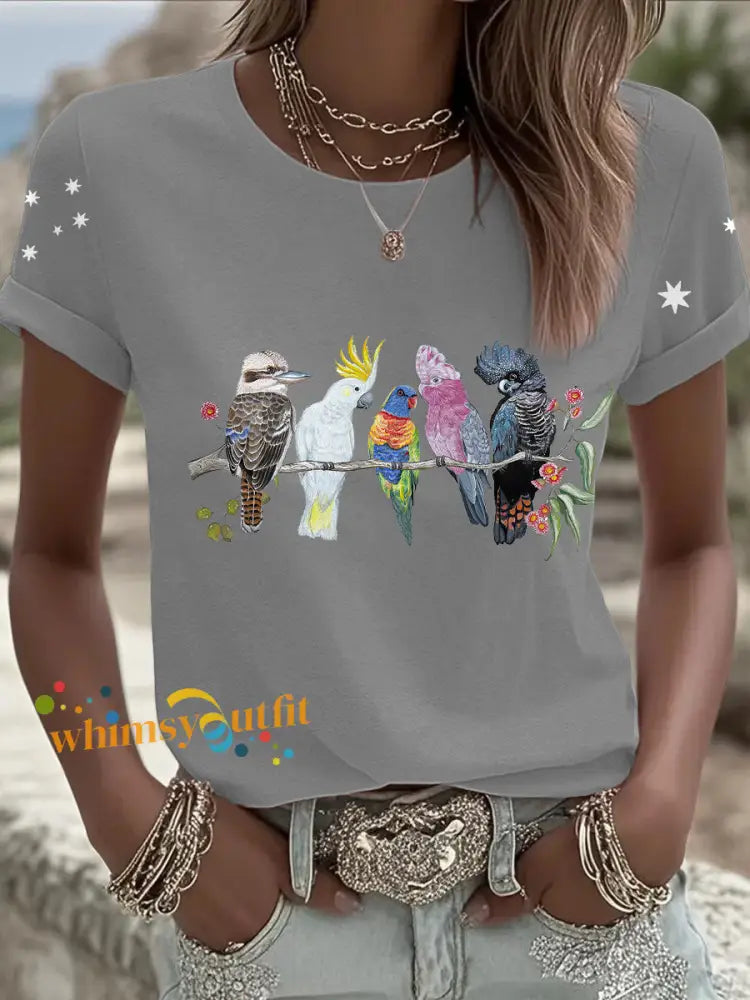 Women’s AU Cockatoo Art Printed T-shirt Light Gray / S