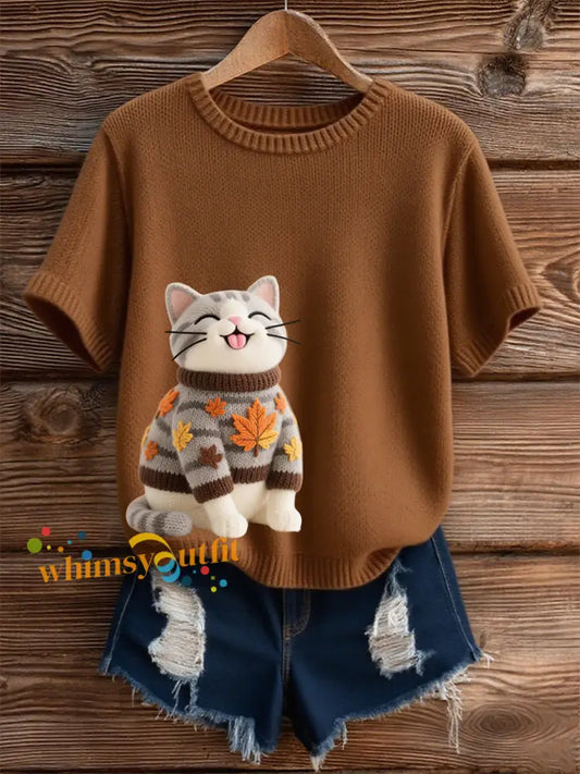 Women’s Autumn Cat Art Print O Neck Short Sleeve T shirt Brown / S