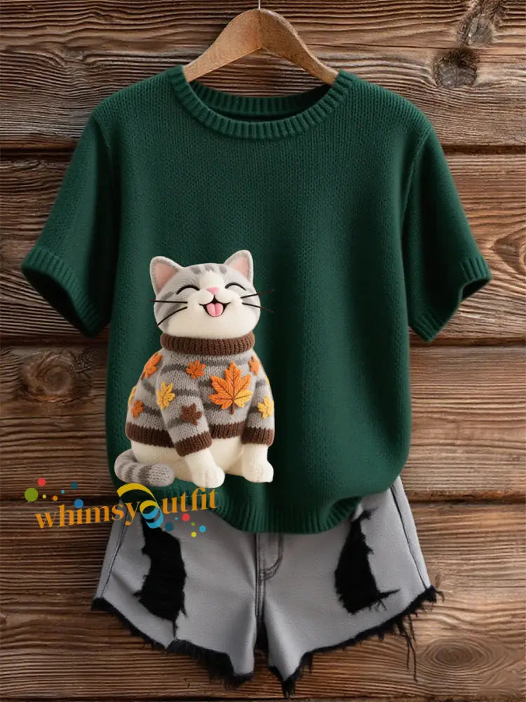 Women’s Autumn Cat Art Print O Neck Short Sleeve T shirt Dark Green / S