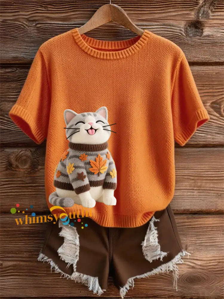 Women’s Autumn Cat Art Print O Neck Short Sleeve T shirt Orange / S
