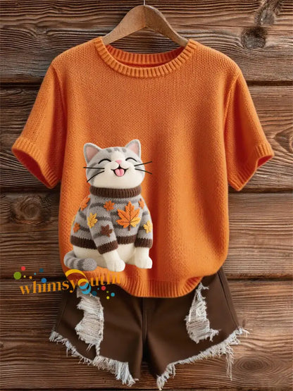 Women’s Autumn Cat Art Print O Neck Short Sleeve T shirt Orange / S