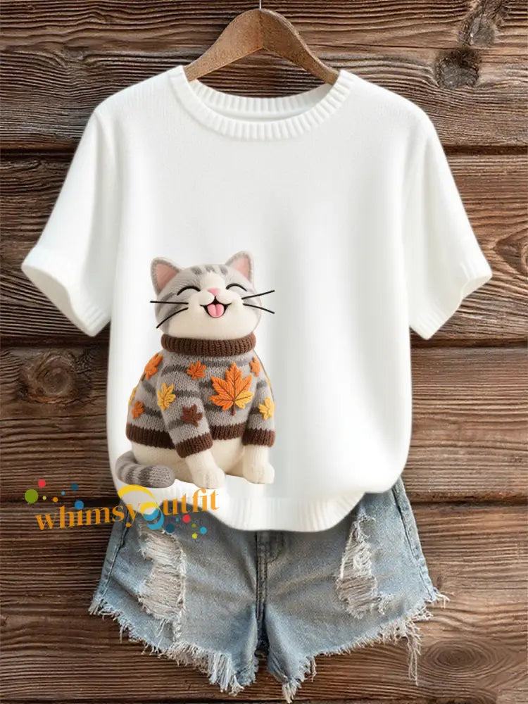 Women’s Autumn Cat Art Print O Neck Short Sleeve T shirt White / S