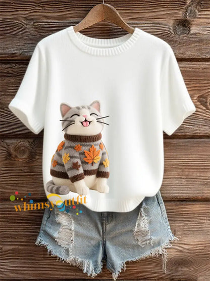 Women’s Autumn Cat Art Print O Neck Short Sleeve T shirt White / S