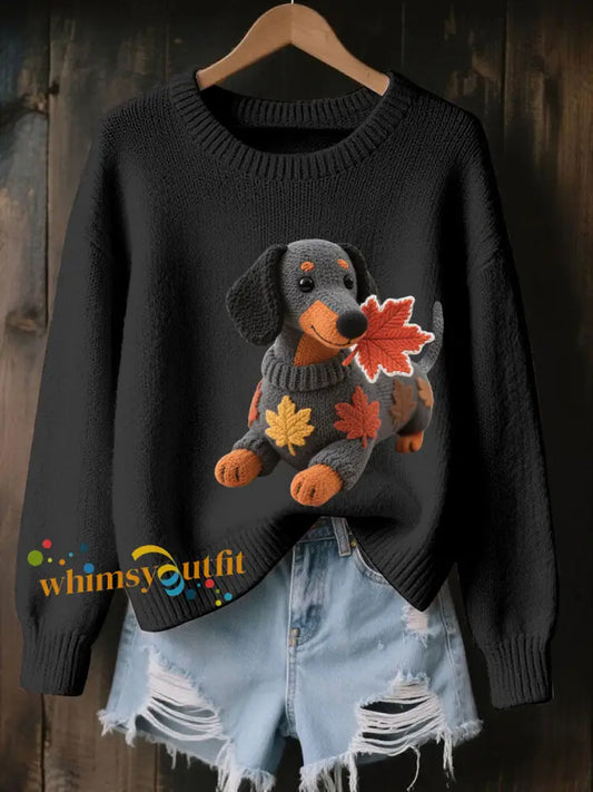 Women’s Autumn Dog Art Print Long Sleeve Sweatshirt Black / S