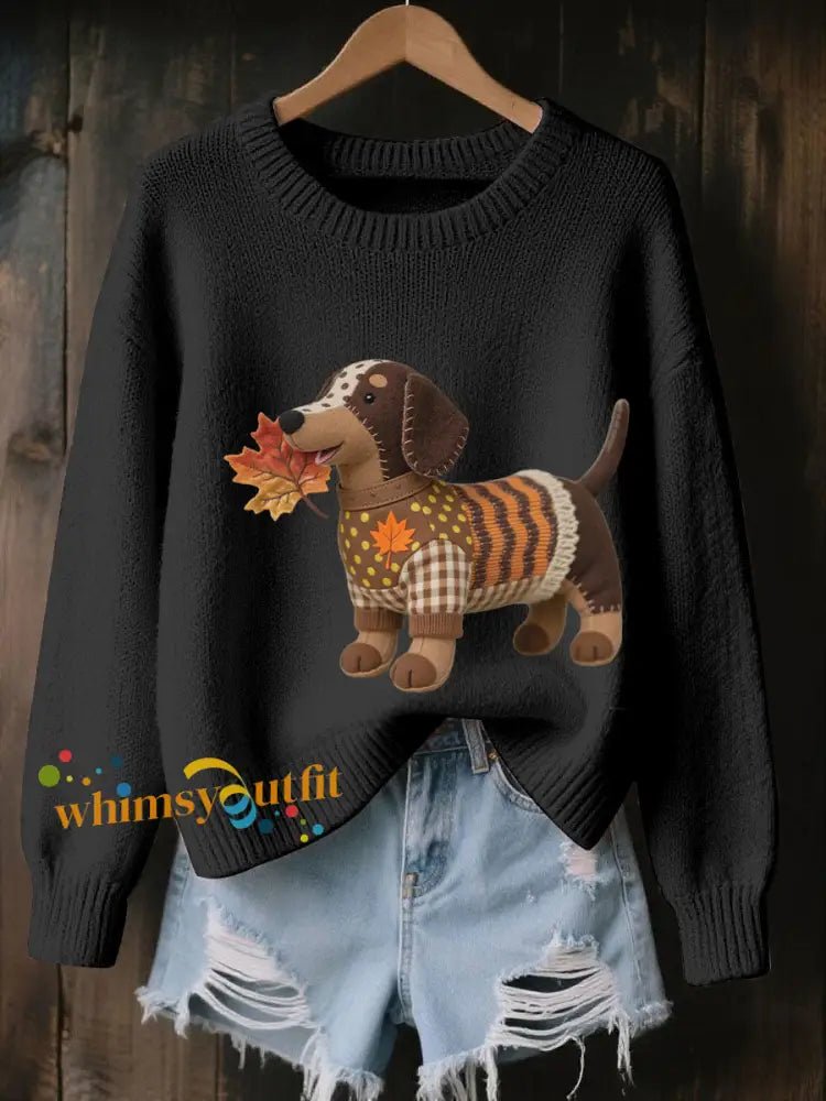 Women’s Autumn Dog Art Print Long Sleeve Sweatshirt Black / S