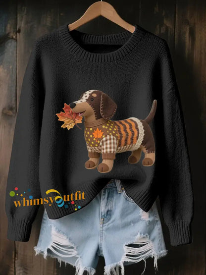Women’s Autumn Dog Art Print Long Sleeve Sweatshirt Black / S