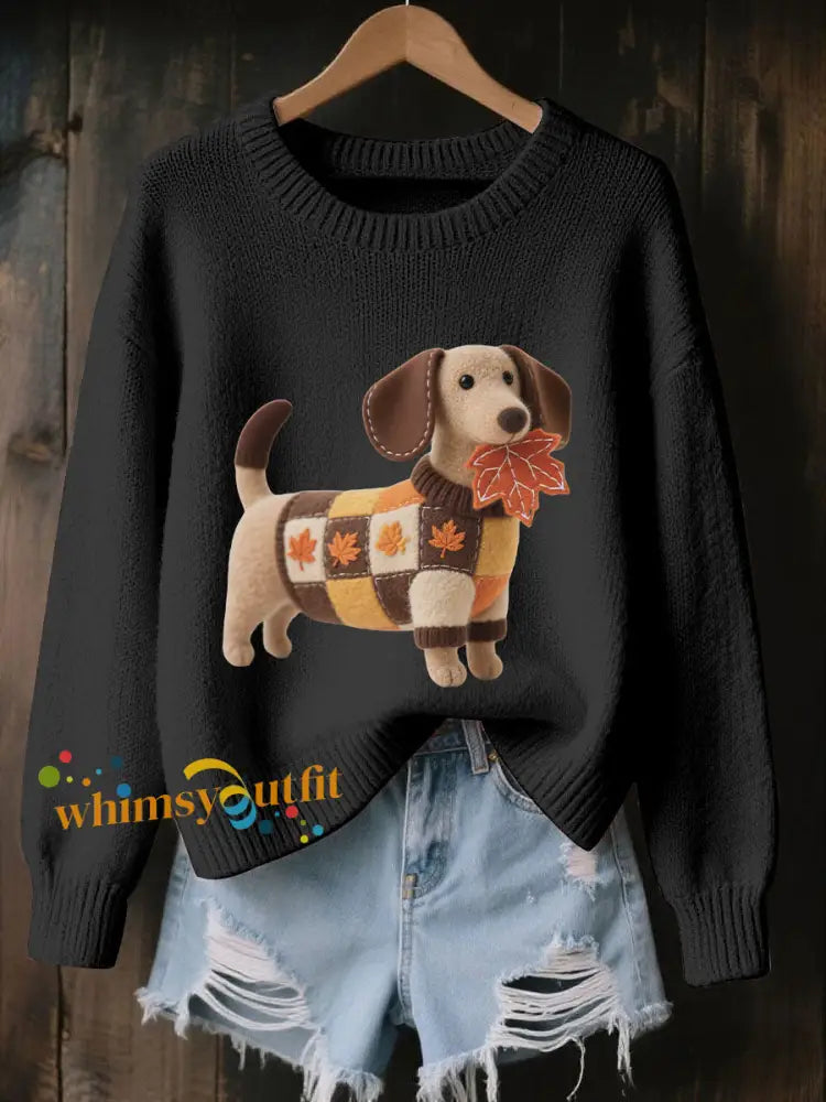 Women’s Autumn Dog Art Print Long Sleeve Sweatshirt Black / S