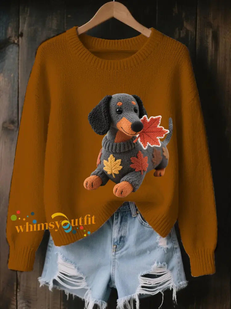 Women’s Autumn Dog Art Print Long Sleeve Sweatshirt Brown / S