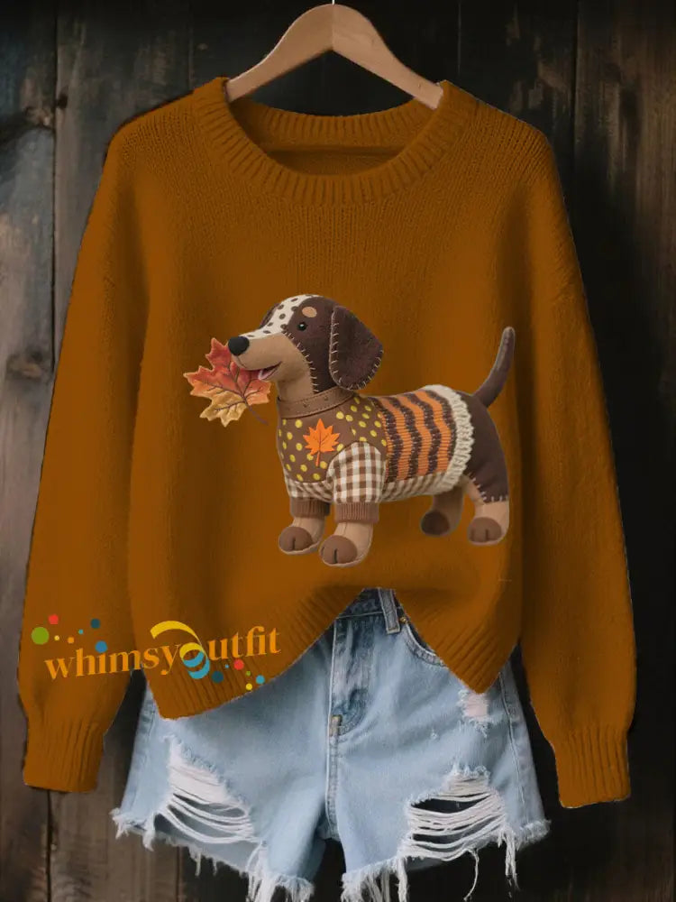 Women’s Autumn Dog Art Print Long Sleeve Sweatshirt Brown / S