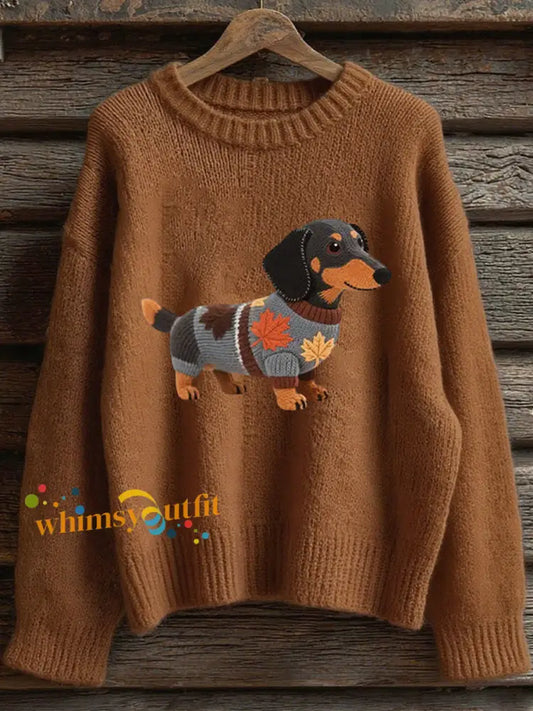 Women’s Autumn Dog Art Print Long Sleeve Sweatshirt Brown / S