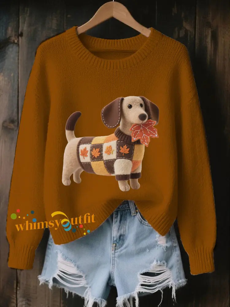 Women’s Autumn Dog Art Print Long Sleeve Sweatshirt Brown / S