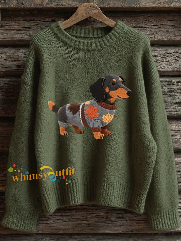 Women’s Autumn Dog Art Print Long Sleeve Sweatshirt Dark Green / S