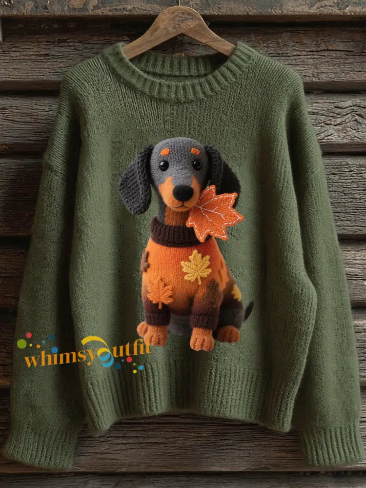 Women’s Autumn Dog Art Print Long Sleeve Sweatshirt Dark Green / S