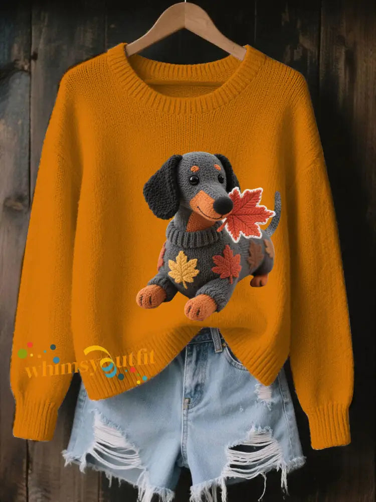 Women’s Autumn Dog Art Print Long Sleeve Sweatshirt Orange / S
