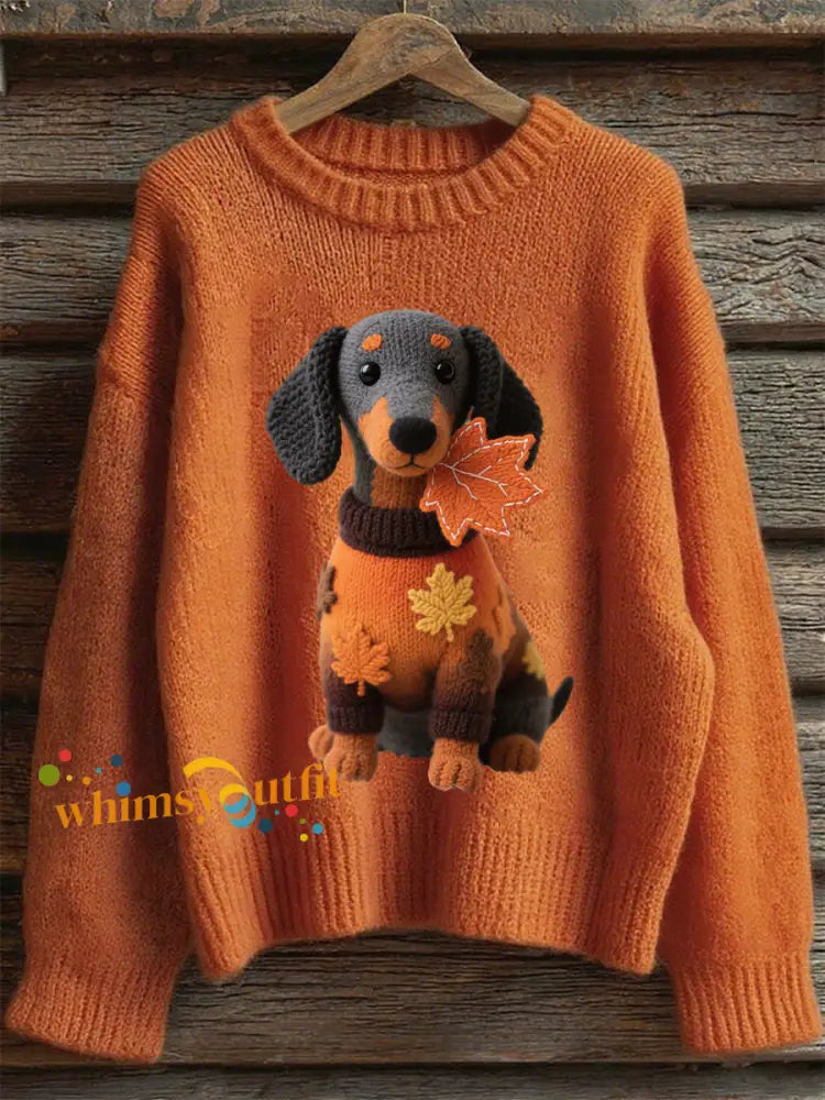 Women’s Autumn Dog Art Print Long Sleeve Sweatshirt Orange / S