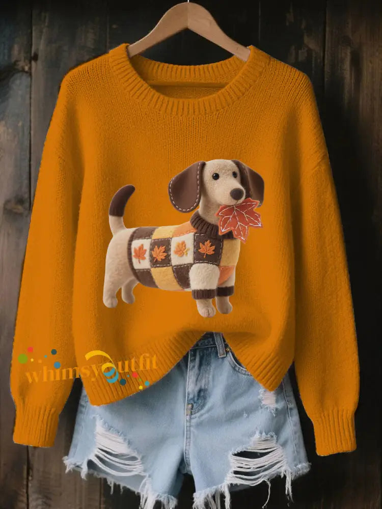 Women’s Autumn Dog Art Print Long Sleeve Sweatshirt Orange / S