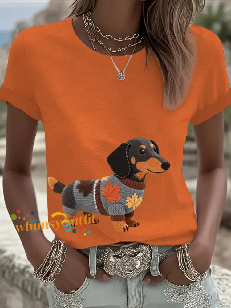 Women’s Autumn Dog Art Print Long Sleeve Sweatshirt Orange / S