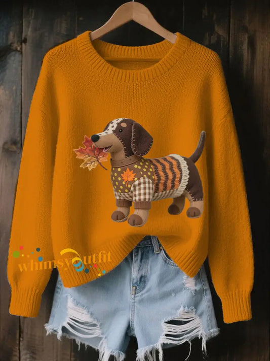 Women’s Autumn Dog Art Print Long Sleeve Sweatshirt Orange / S