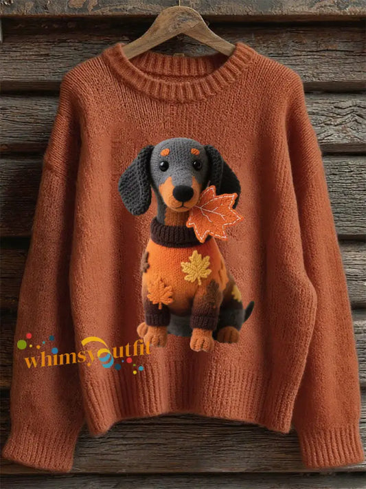 Women’s Autumn Dog Art Print Long Sleeve Sweatshirt Pumpkin Orange / S