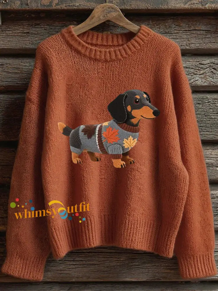 Women’s Autumn Dog Art Print Long Sleeve Sweatshirt Pumpkin Orange / S