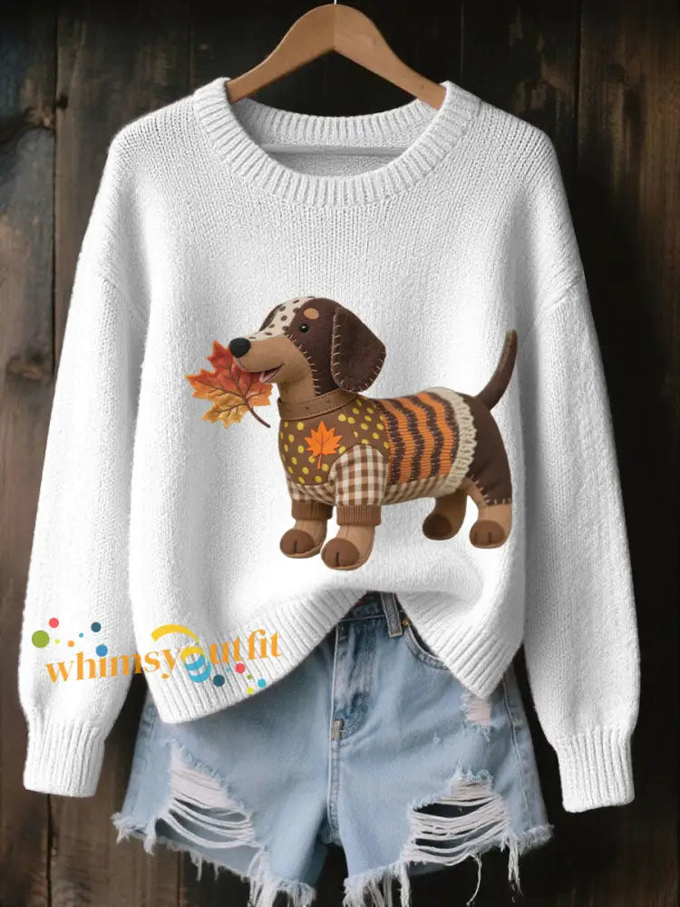 Women’s Autumn Dog Art Print Long Sleeve Sweatshirt White / S
