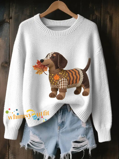 Women’s Autumn Dog Art Print Long Sleeve Sweatshirt White / S