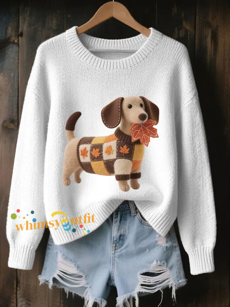 Women’s Autumn Dog Art Print Long Sleeve Sweatshirt White / S