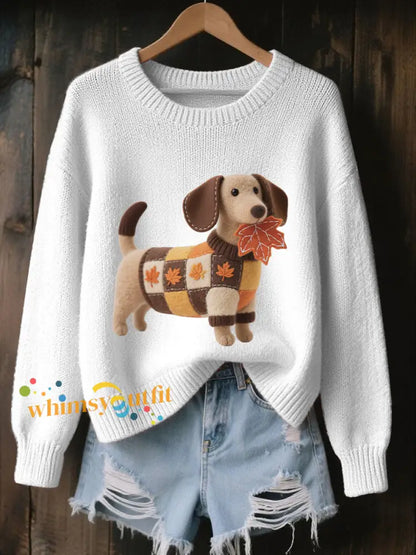 Women’s Autumn Dog Art Print Long Sleeve Sweatshirt White / S