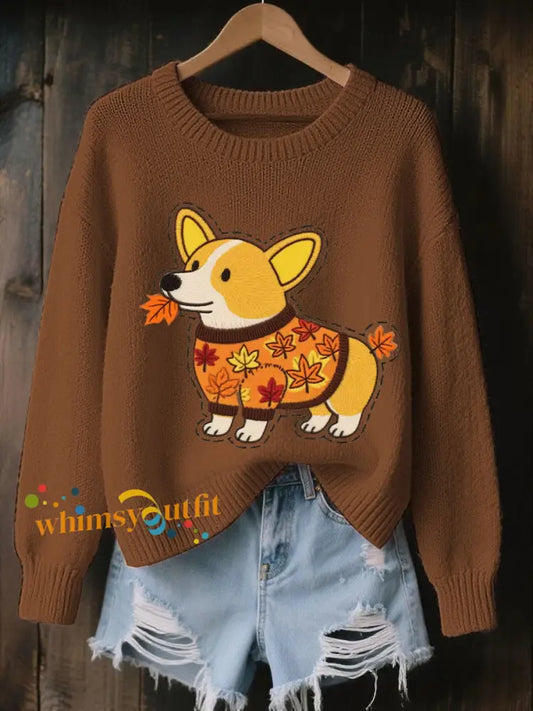 Women’s Autumn Dog Art Print O Neck Long Sleeve Sweatshirt Brown / S