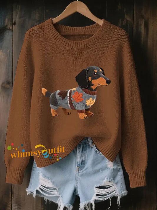 Women’s Autumn Dog Art Print O Neck Long Sleeve Sweatshirt Brown / S