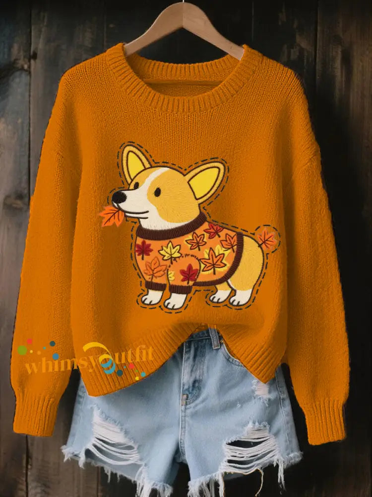 Women’s Autumn Dog Art Print O Neck Long Sleeve Sweatshirt Orange / S