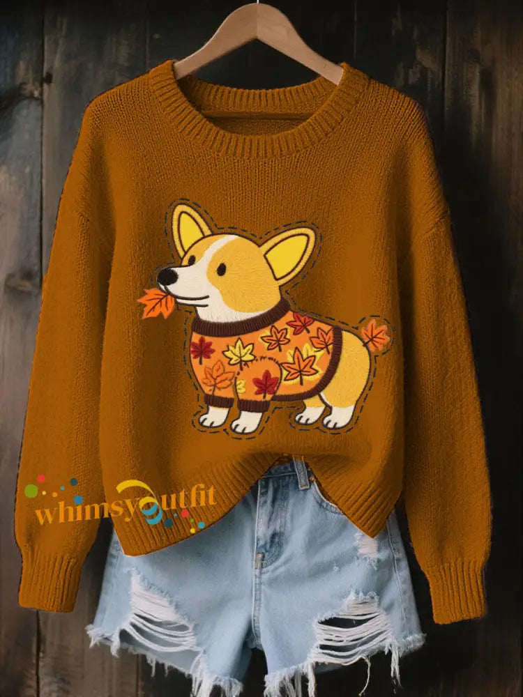 Women’s Autumn Dog Art Print O Neck Long Sleeve Sweatshirt Pumpkin Orange / S