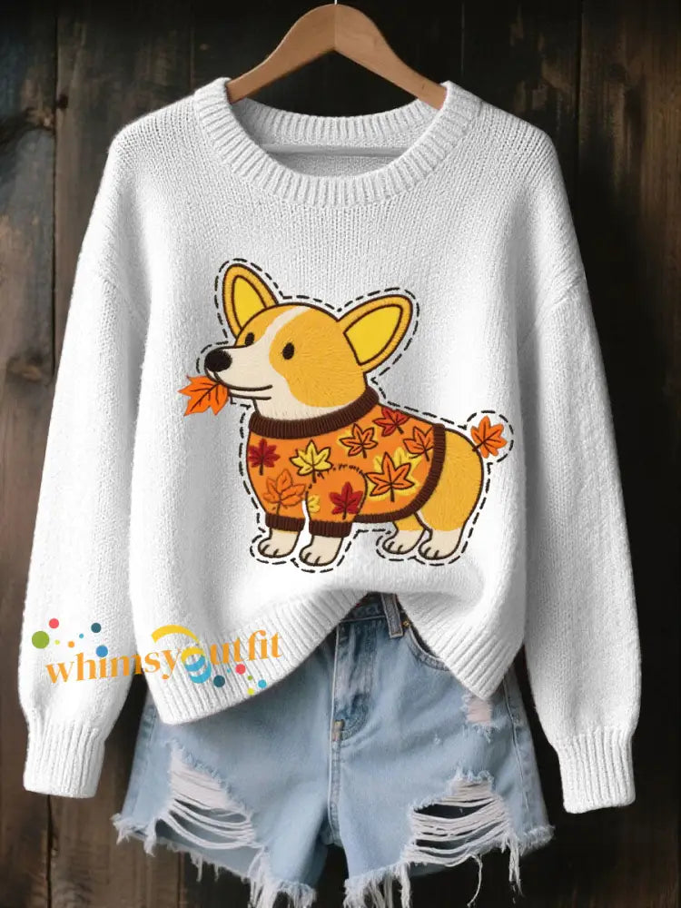 Women’s Autumn Dog Art Print O Neck Long Sleeve Sweatshirt White / S