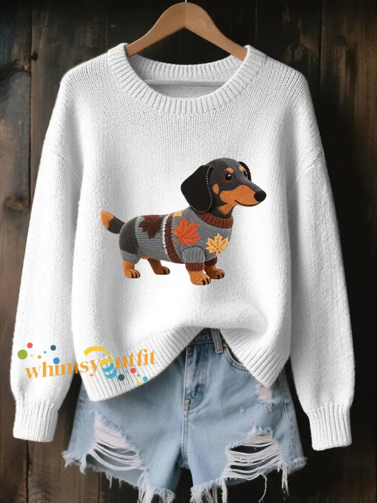 Women’s Autumn Dog Art Print O Neck Long Sleeve Sweatshirt White / S