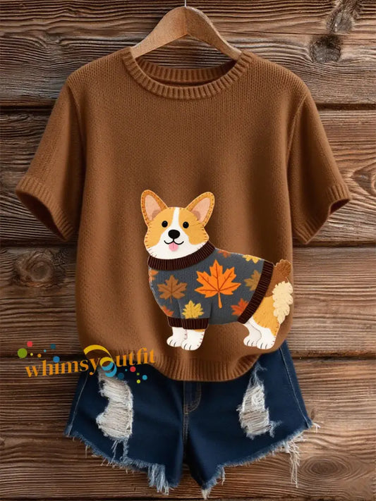 Women’s Autumn Dog Art Print O Neck Short Sleeve T shirt Brown / S