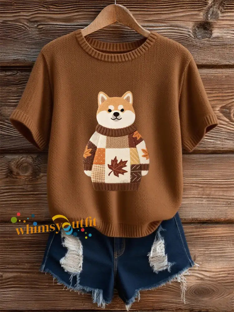 Women’s Autumn Dog Art Print O Neck Short Sleeve T shirt Brown / S