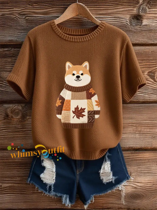 Women’s Autumn Dog Art Print O Neck Short Sleeve T shirt Brown / S
