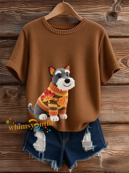 Women’s Autumn Dog Art Print O Neck Short Sleeve T shirt Brown / S