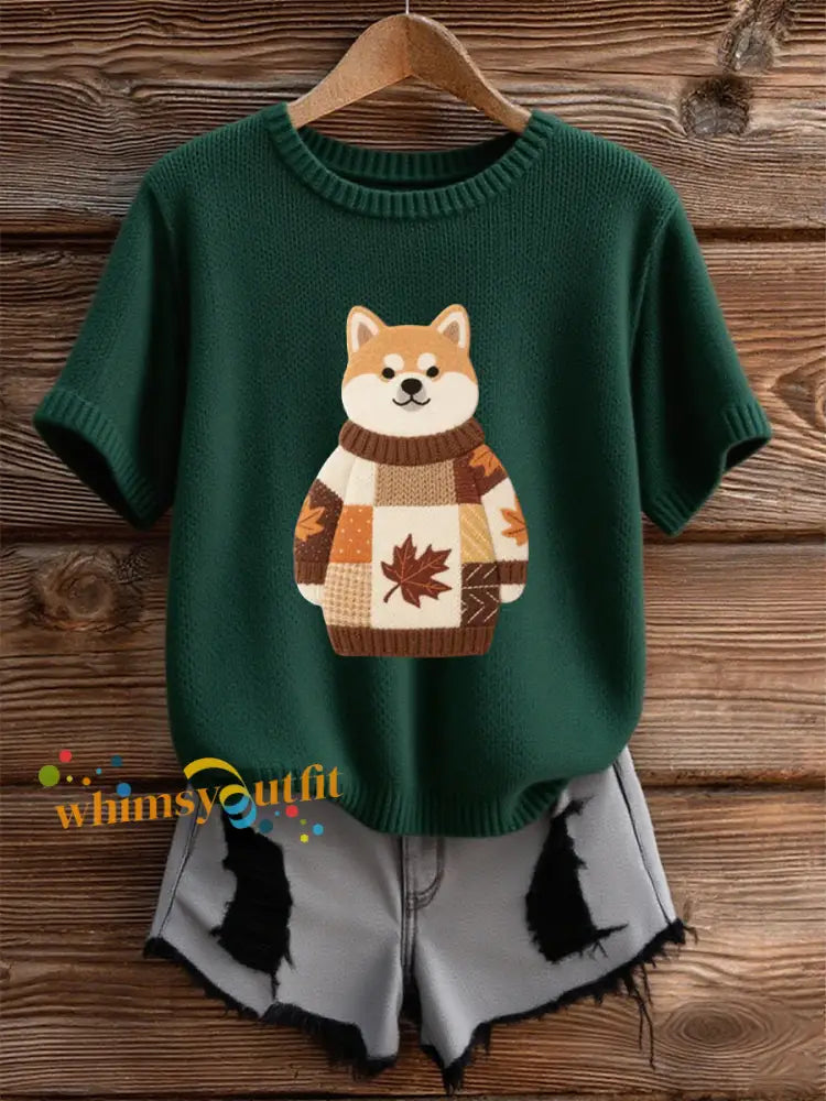 Women’s Autumn Dog Art Print O Neck Short Sleeve T shirt Dark Green / S